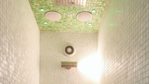 A narrow shower with green mosaic tiles, a ventilation fan, and a horizontal shelf. - Family Friendly Studio inc free Parking and Garden (London)