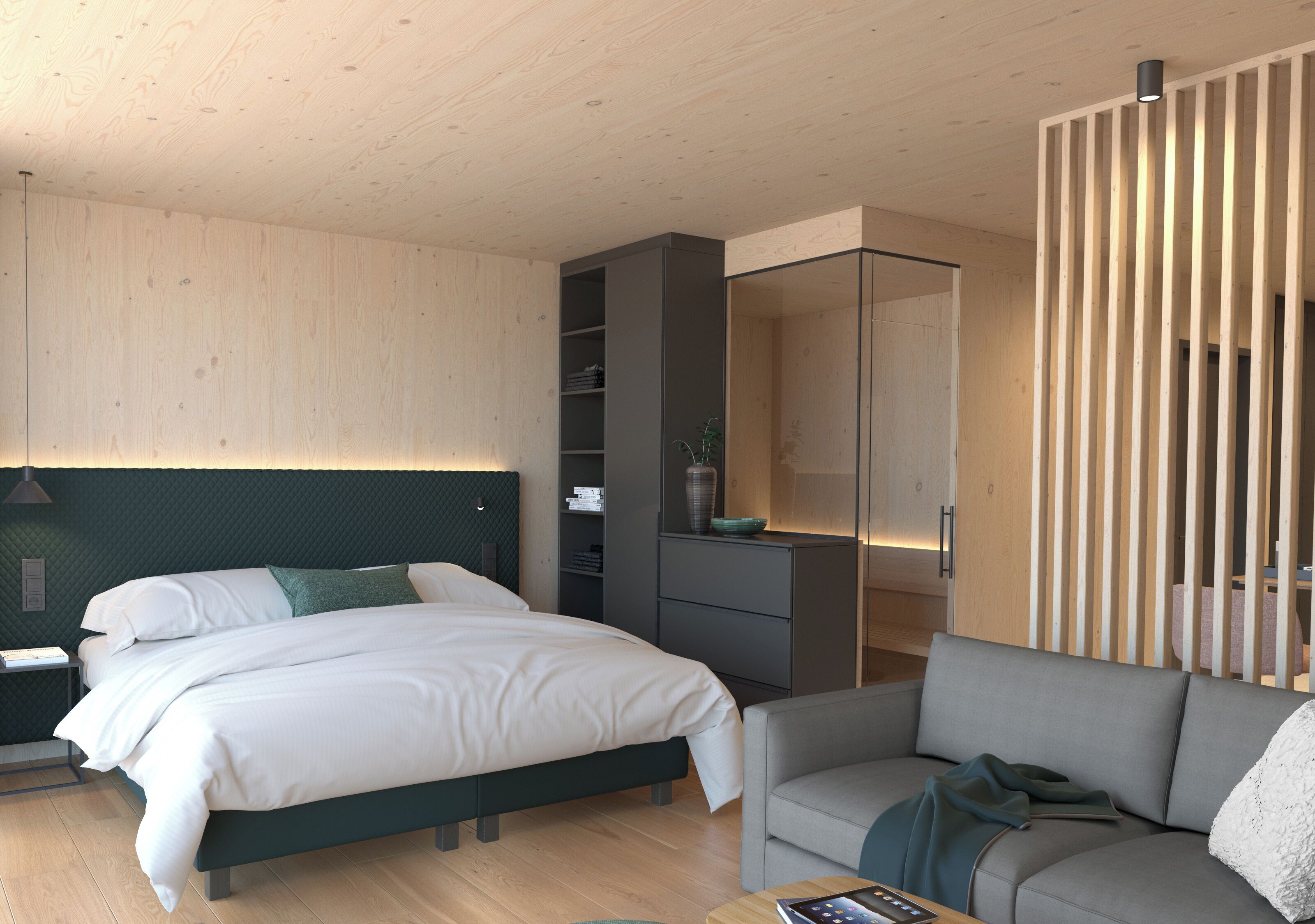 A modern bedroom with a bed, a sofa, a desk, and a wardrobe.