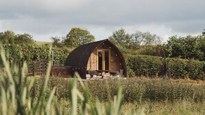 Eine Holzhütte mit geneigtem Dach, umgeben von viel Grün und einem Zaun.