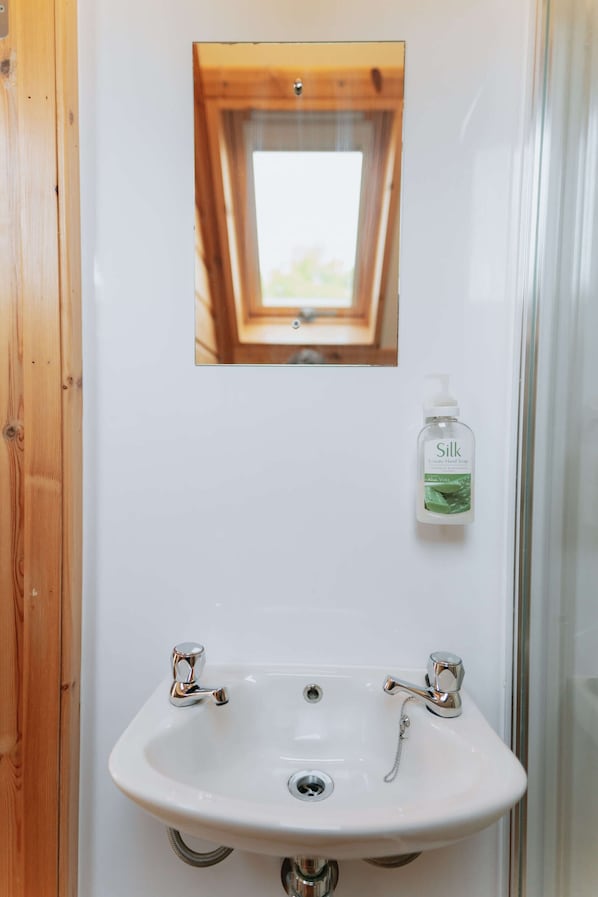 A bathroom with a white sink, a window, and a bottle of Silk hand soap.