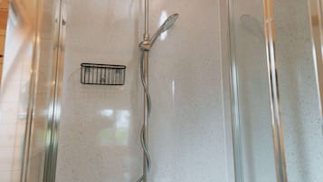Shower, towels, soap, toilet paper