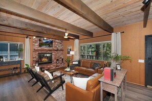 Télévision, cheminée, espaces bureaux