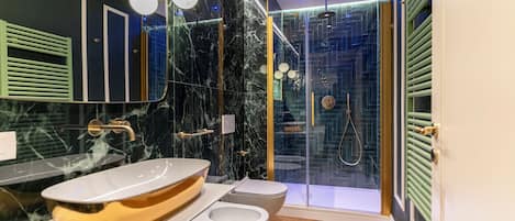 Shower, hair dryer, bidet, towels