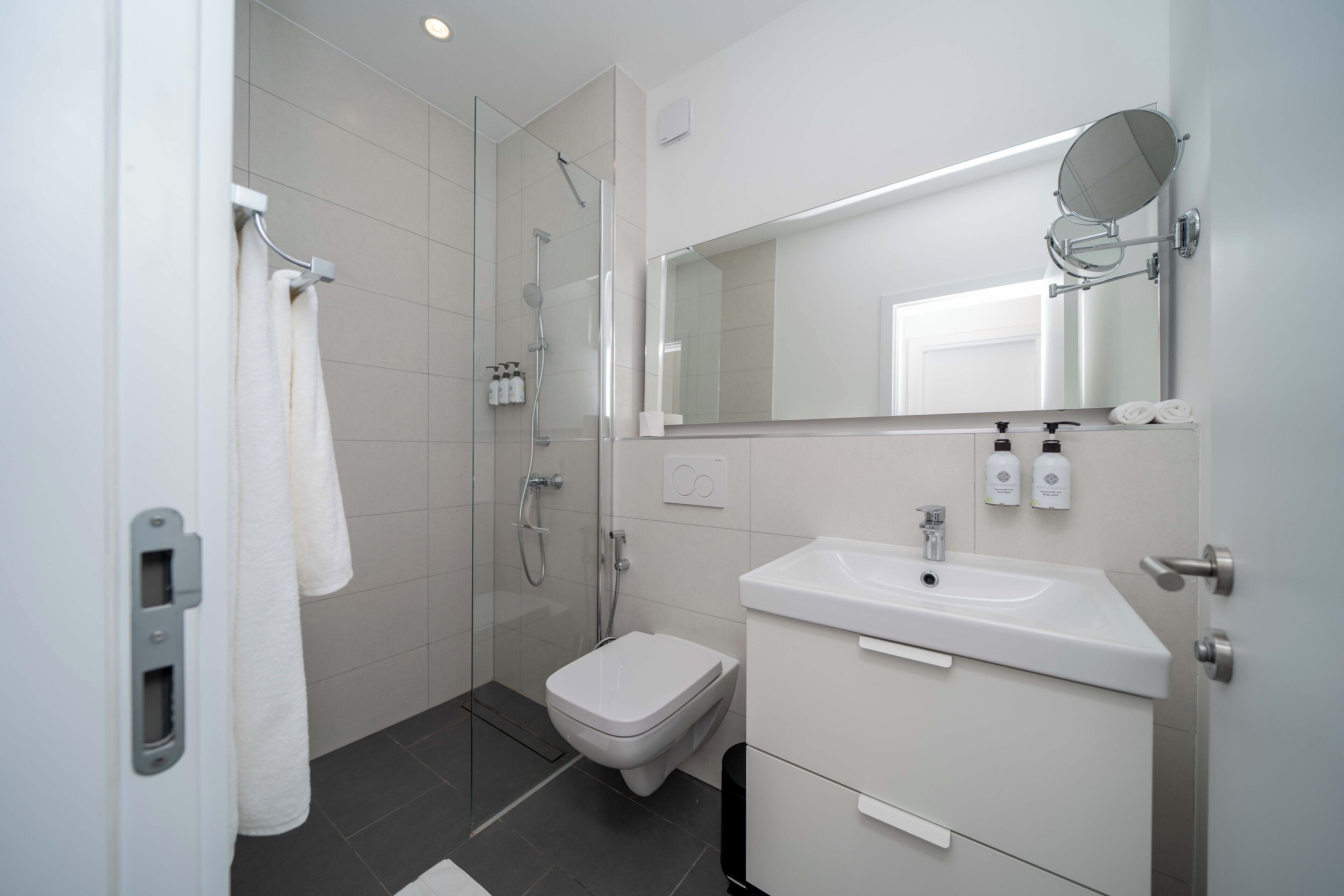 A modern bathroom with a glass-enclosed shower, a toilet, a sink, and a mirror.