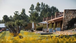 A stone building with a covered outdoor seating area and a well-maintained garden with trees and yellow flowers. - TEIMA Alentejo SW (Odemira)
