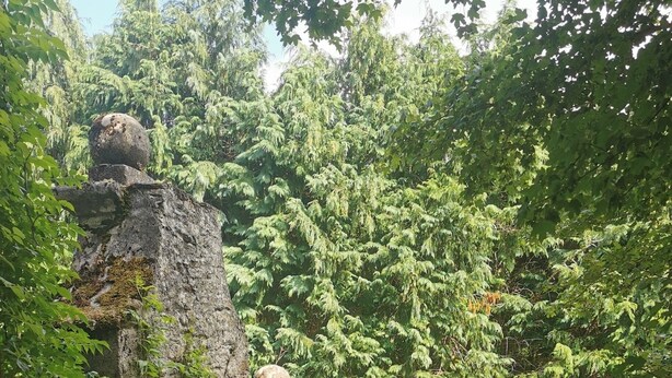 Une arche en pierre surmontée d’un ornement sphérique, entourée d’un feuillage verdoyant et dense, et fermée par un portail en métal.