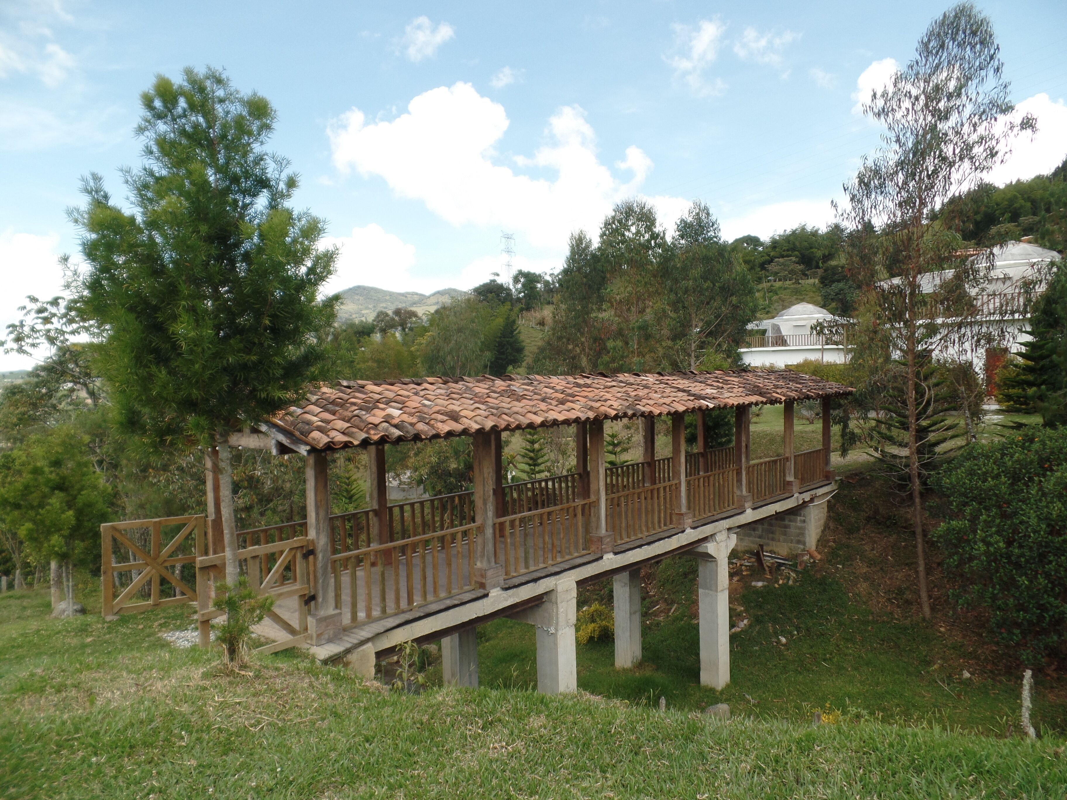 A wooden gazebo with a tiled roof, supported by concrete pillars, in a grassy area with trees and a house in the background.