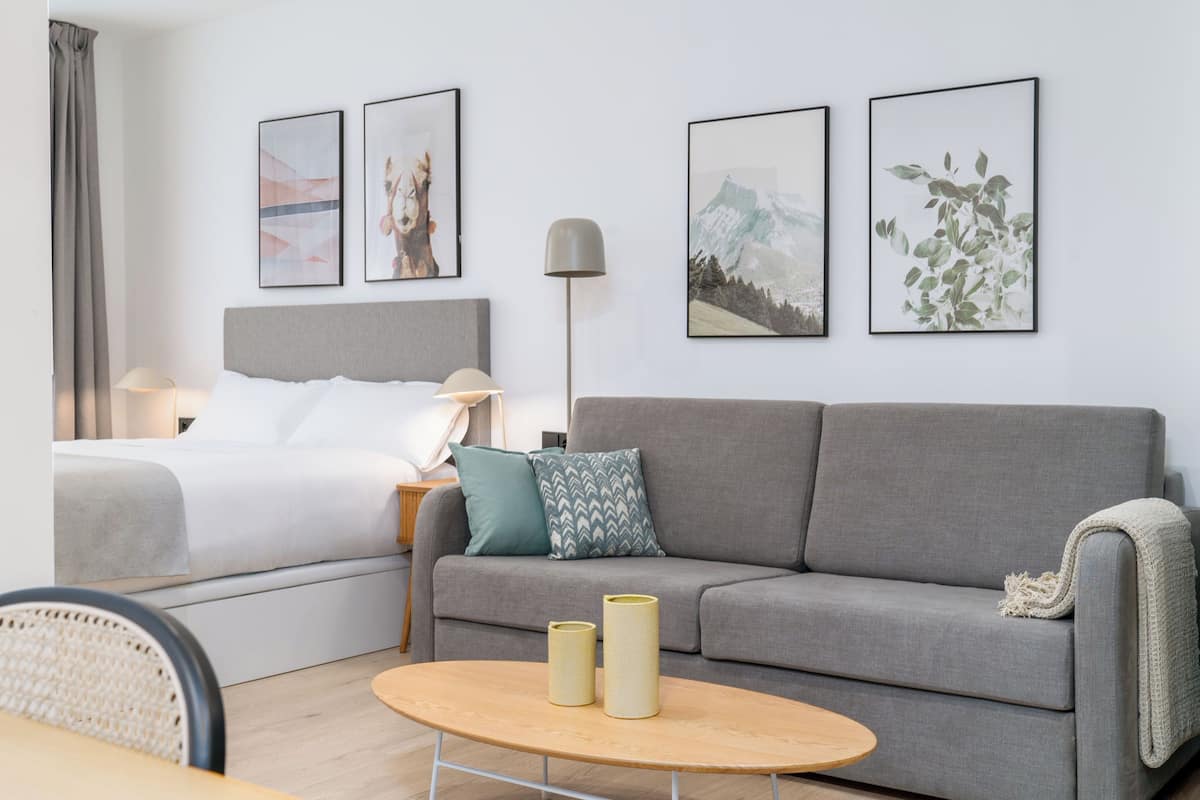 Studio with Sofa Bed | โต๊ะทำงาน, พื้นที่ทำงานแบบใช้แล็ปท็อป, ผ้าม่านกันแสง, เตารีด/โต๊ะรีดผ้า