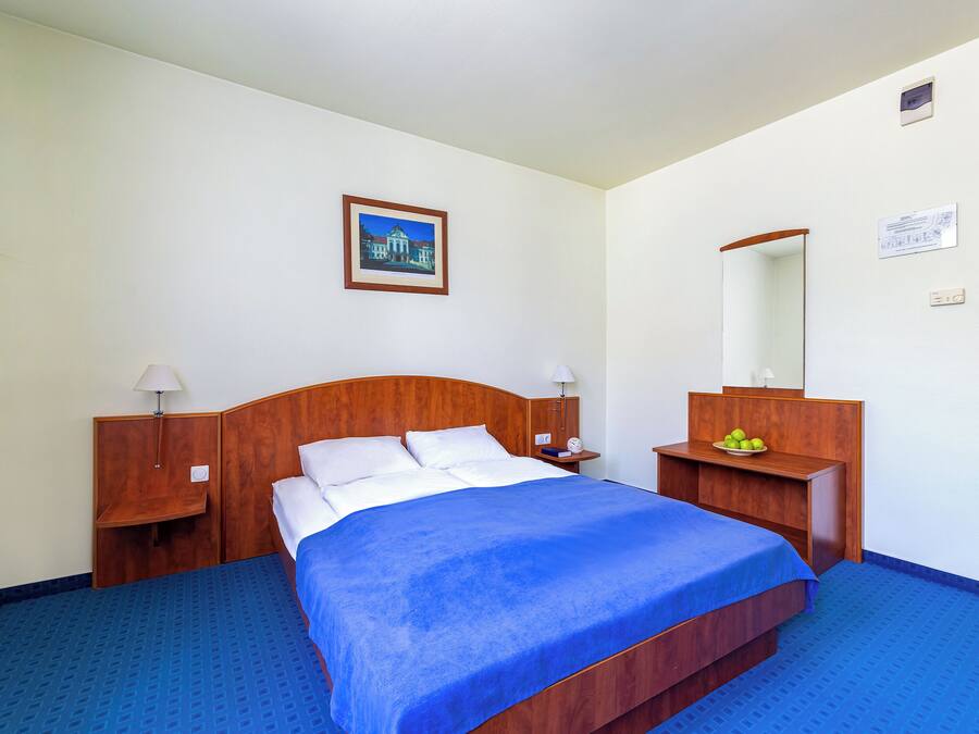 Une chambre d’hôtel avec un grand lit, une tête de lit en bois, une table de chevet avec une lampe, une petite table avec des fruits et un miroir fixé au mur.