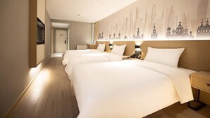 A hotel room with two beds, a cityscape mural on the wall, and a wooden floor. - Songguo Hotel (Wenhua Road) (Zhengzhou)