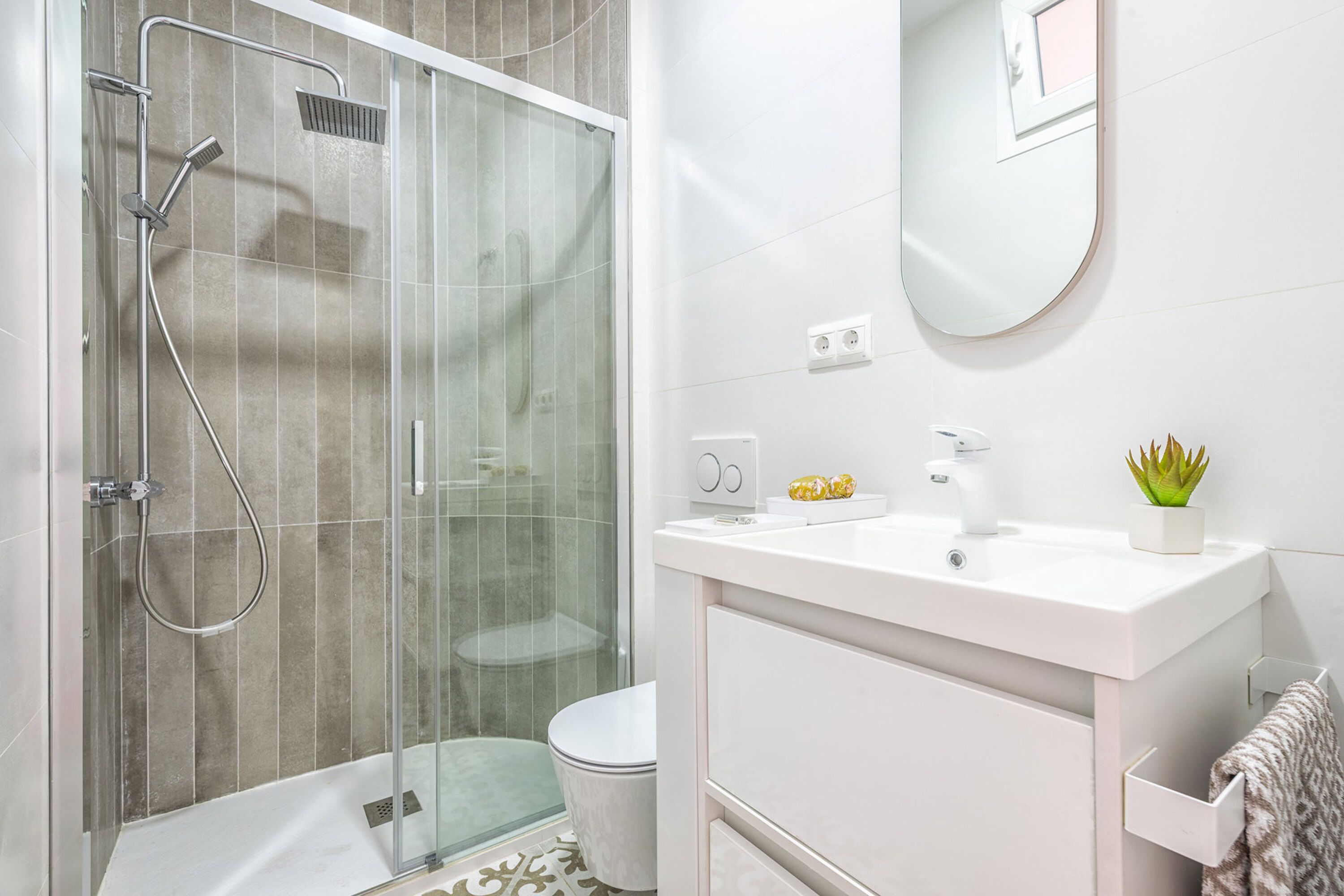 Een moderne badkamer met een glazen douchecabine, een witte wastafel en een kleine potplant.