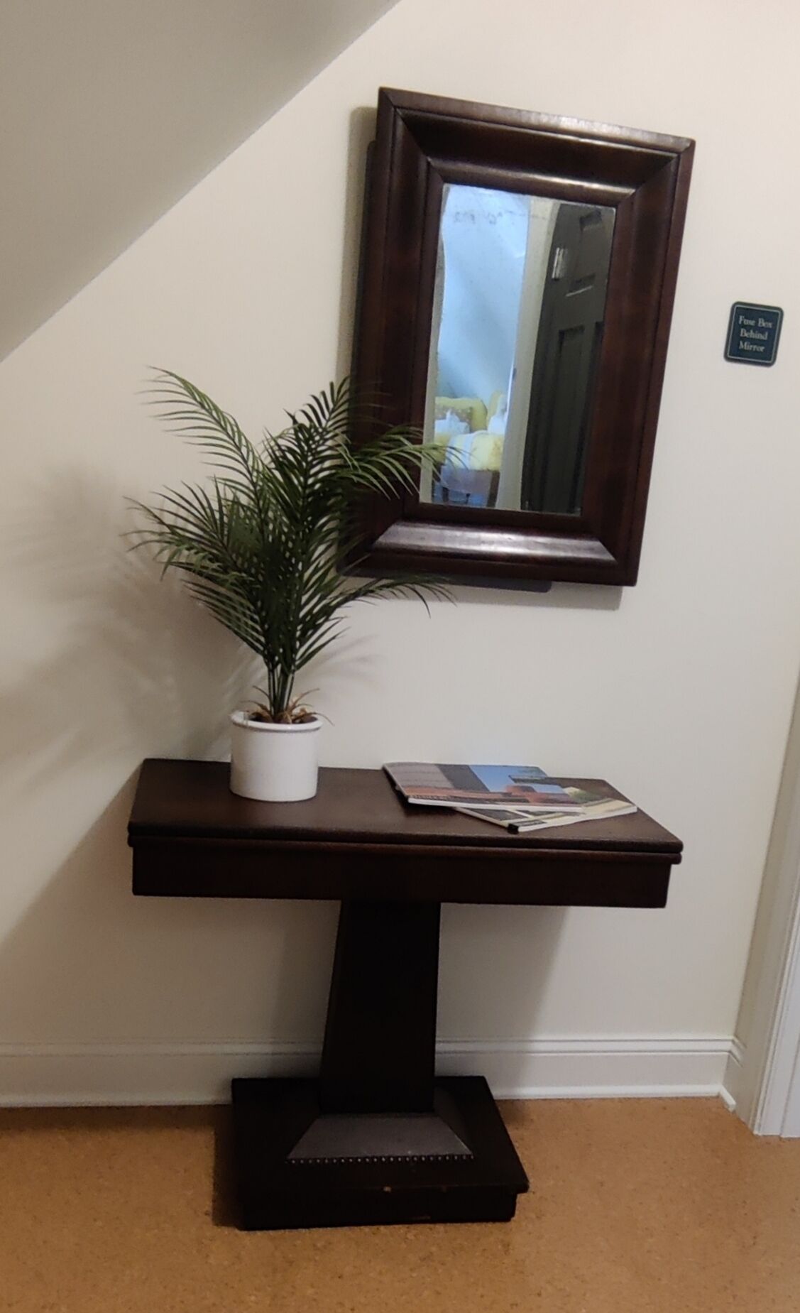 Una consola de madera oscura con una planta en maceta y una revista. Un espejo cuelga sobre la mesa.