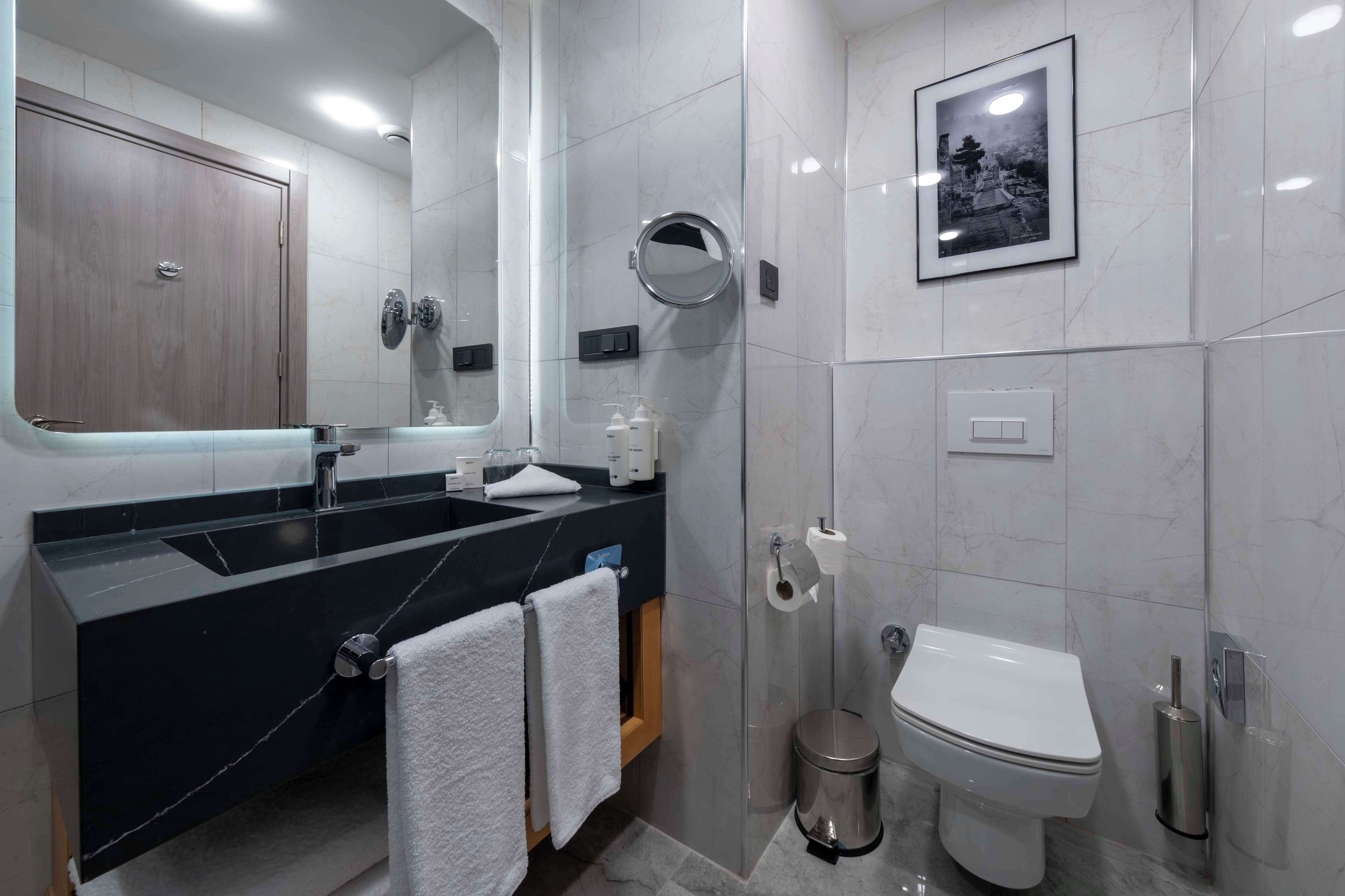 Et moderne badeværelse med en sort marmorvask, et hvidt toilet og en brusekabine med glasvægge.