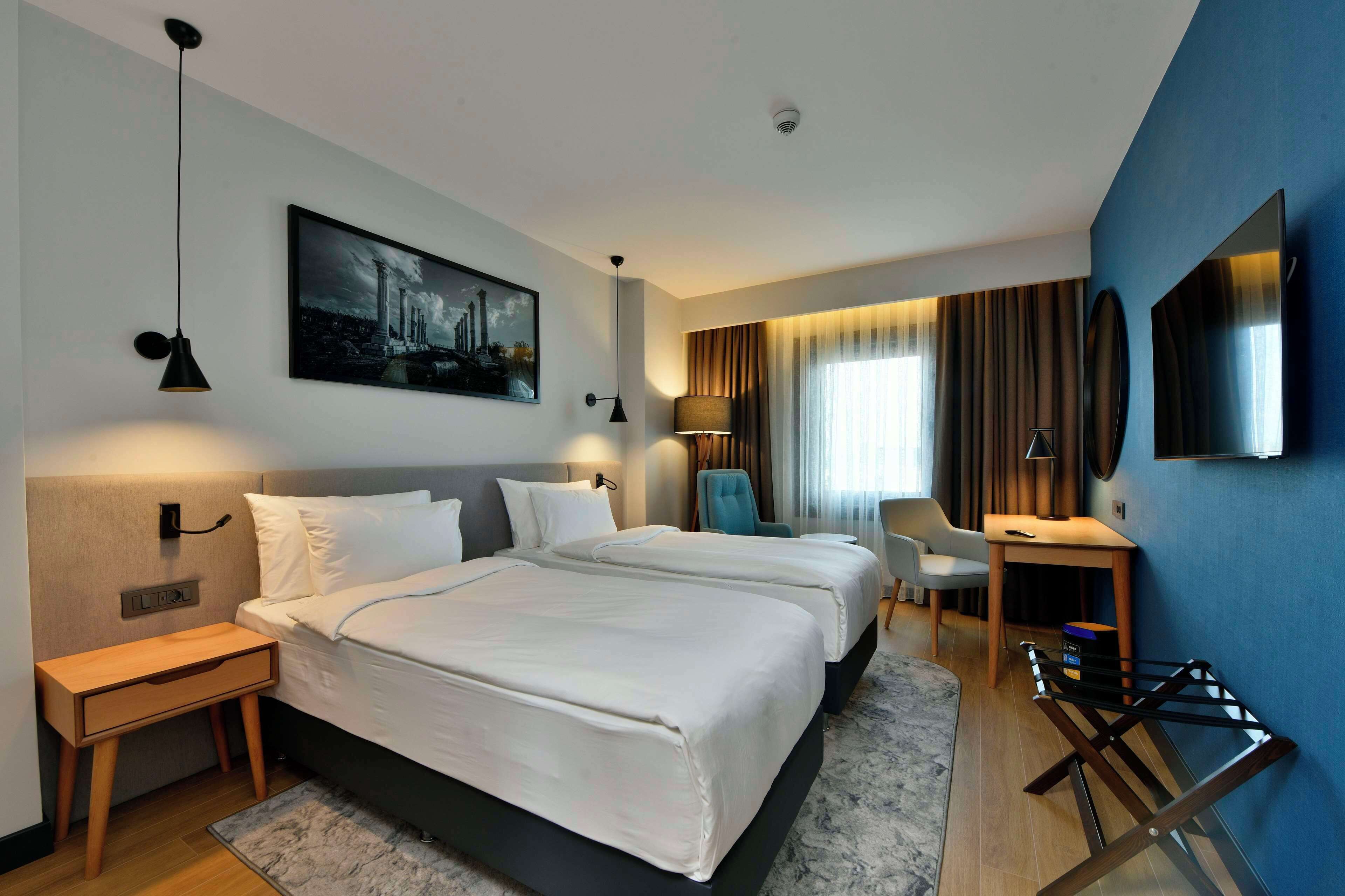 Habitación de hotel con dos camas, un escritorio, una silla, un televisor y un cuadro en la pared.