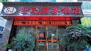 A hotel entrance with a glass door, a red carpet, and potted plants on either side.
