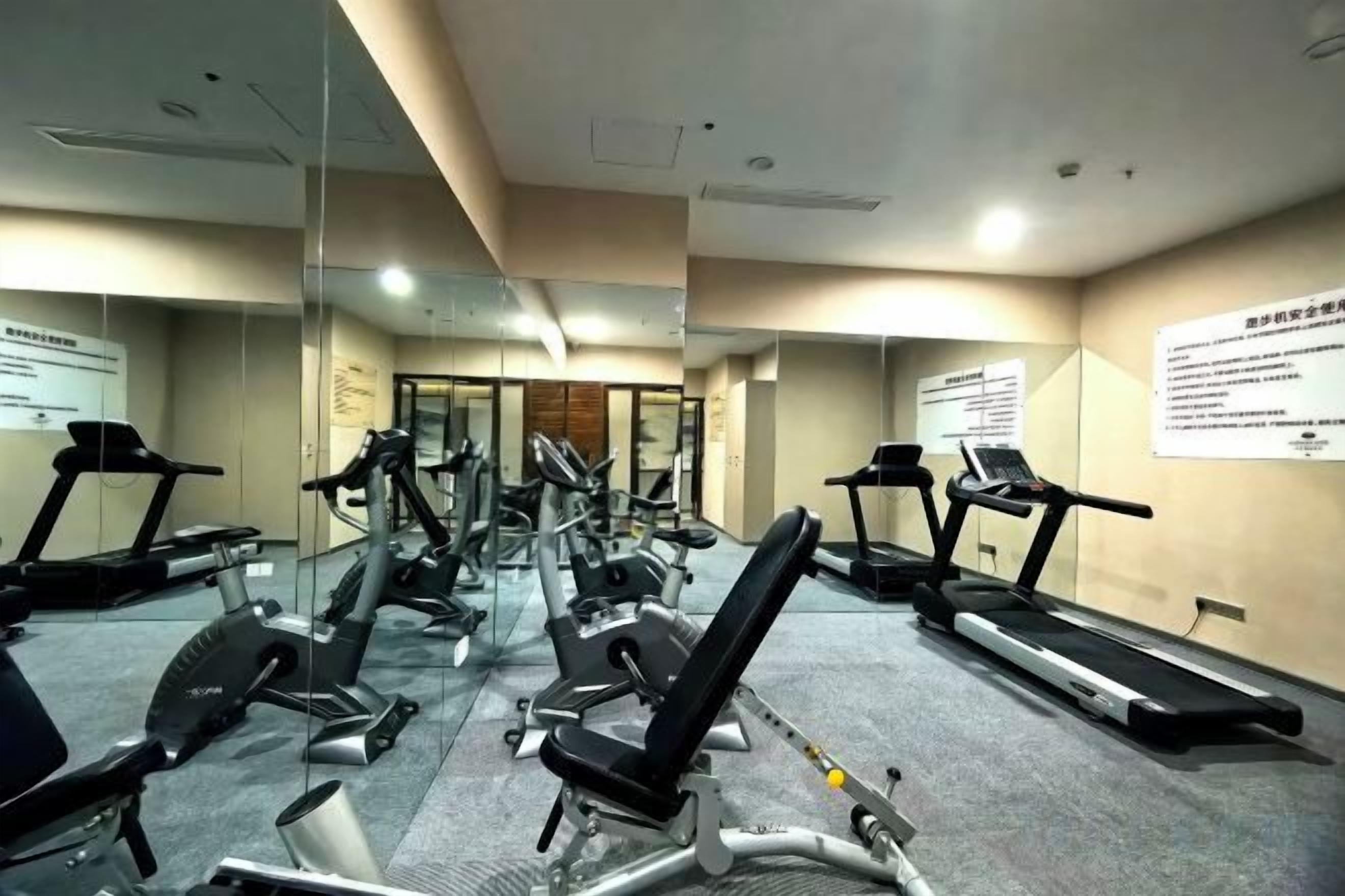 A gym with treadmills, elliptical machines, and weight benches.