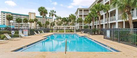 A swimming pool with lounge chairs, palm trees, and a multi-story building in the background.