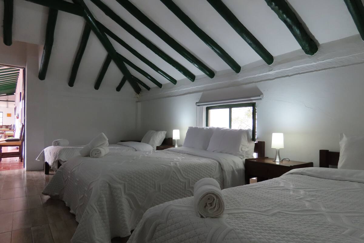 A hotel room with two beds, a window with a view, and a wooden ceiling.