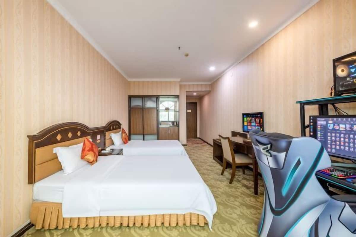 Een hotelkamer met twee bedden, een bureau met een computer en een televisie.