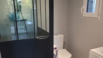 Shower, towels, toilet paper