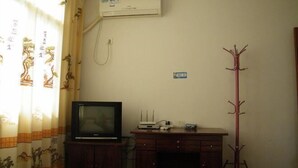 Huoneessa on televisio puukehikossa, seinällä ilmastointilaite ja vaateteline.