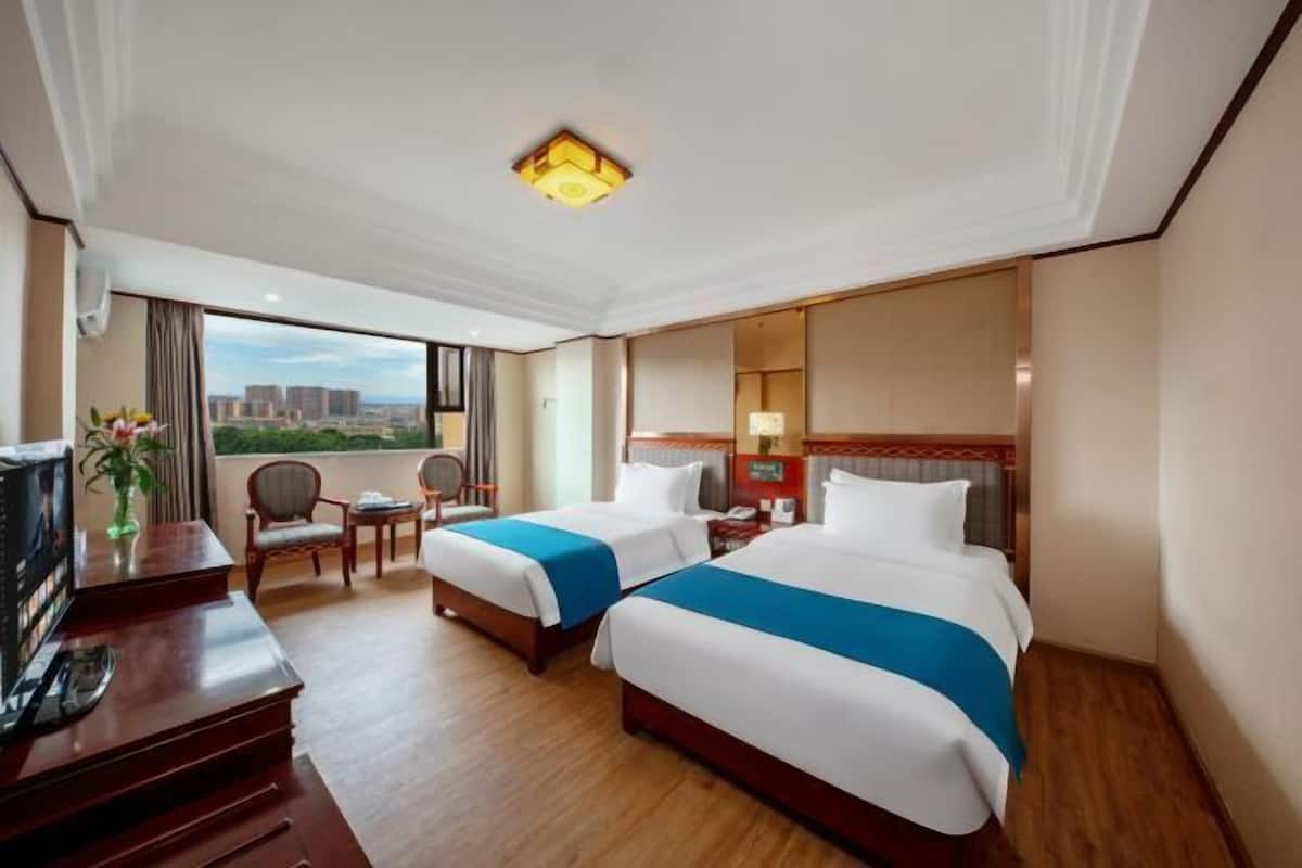 A hotel room with two beds, a desk with a television, a chair, and a view of the city.