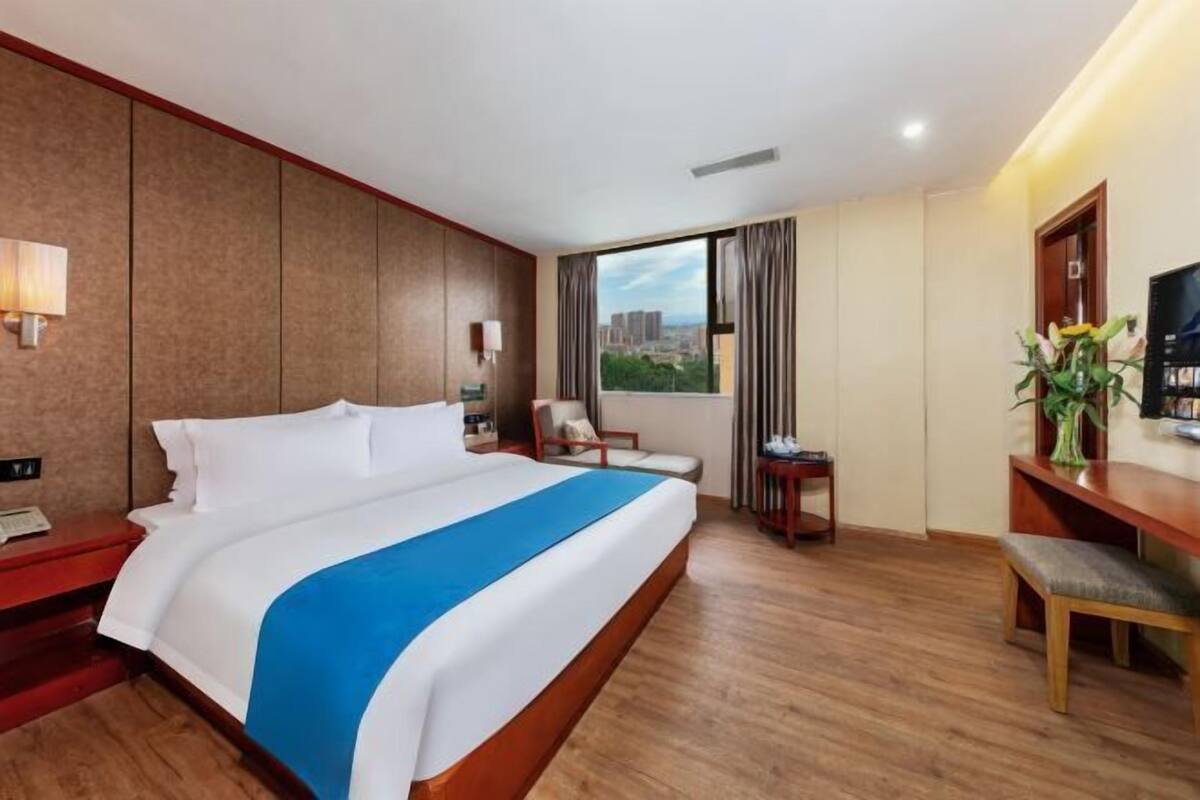 A hotel room with a large bed, a desk, a chair, a TV, and a window with a city view.