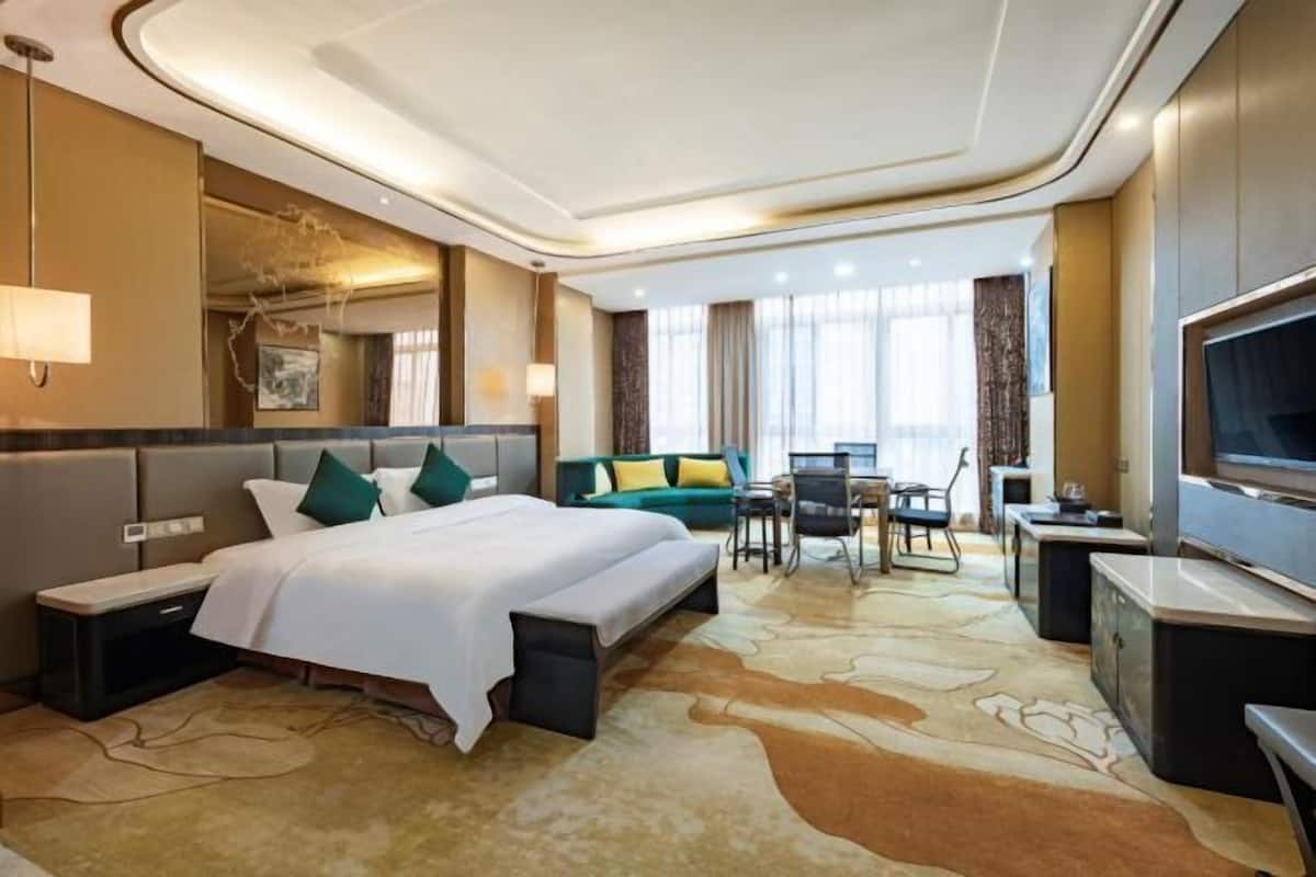 Una camera d'albergo con un letto grande, una scrivania con una sedia, una televisione e vista sull'esterno.