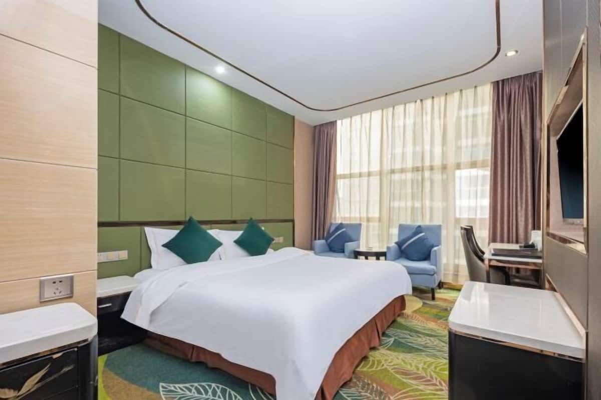 Camera d'albergo con un letto, una scrivania, una sedia e una TV.