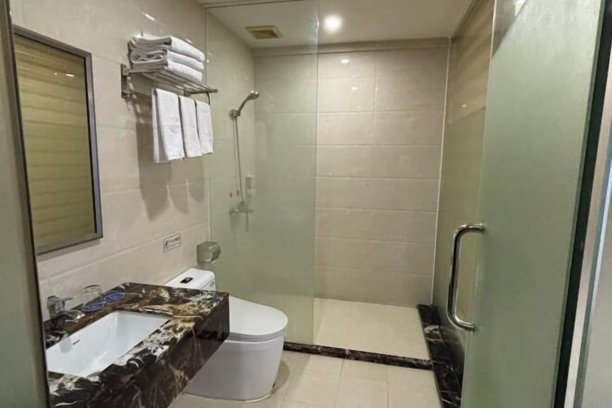 Une salle de bain avec un lavabo en marbre, des toilettes et une douche à parois de verre.