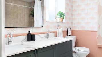 Hair dryer, towels, soap, shampoo