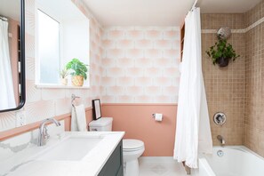 Hair dryer, towels, soap, shampoo