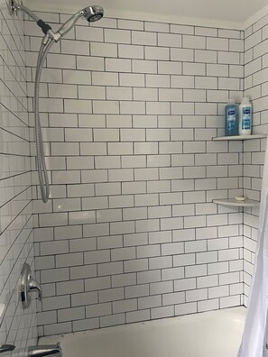 Hair dryer, towels, soap, shampoo