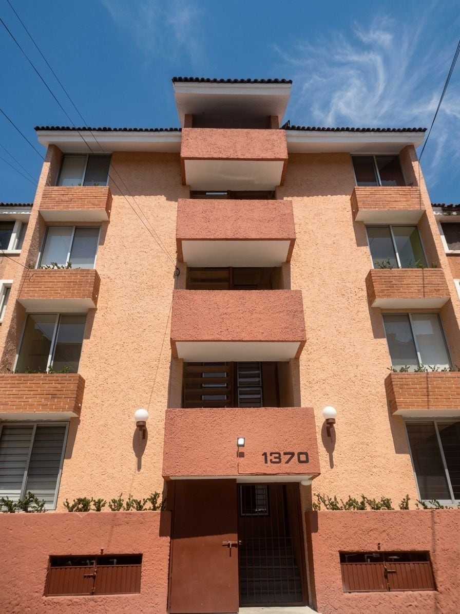 A multi-story building with a flat roof, numbered 1370, featuring balconies and windows.