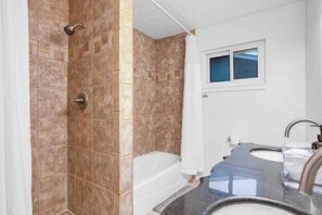 Hair dryer, towels, soap, shampoo