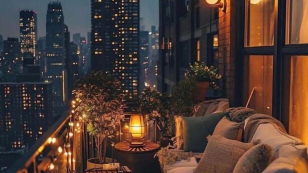 A balcony with a sofa, a table, and string lights. - The Whimsy Retreat-amazing pool-5Brs-houston prime location Beltway 8 & US 69 (Houston)
