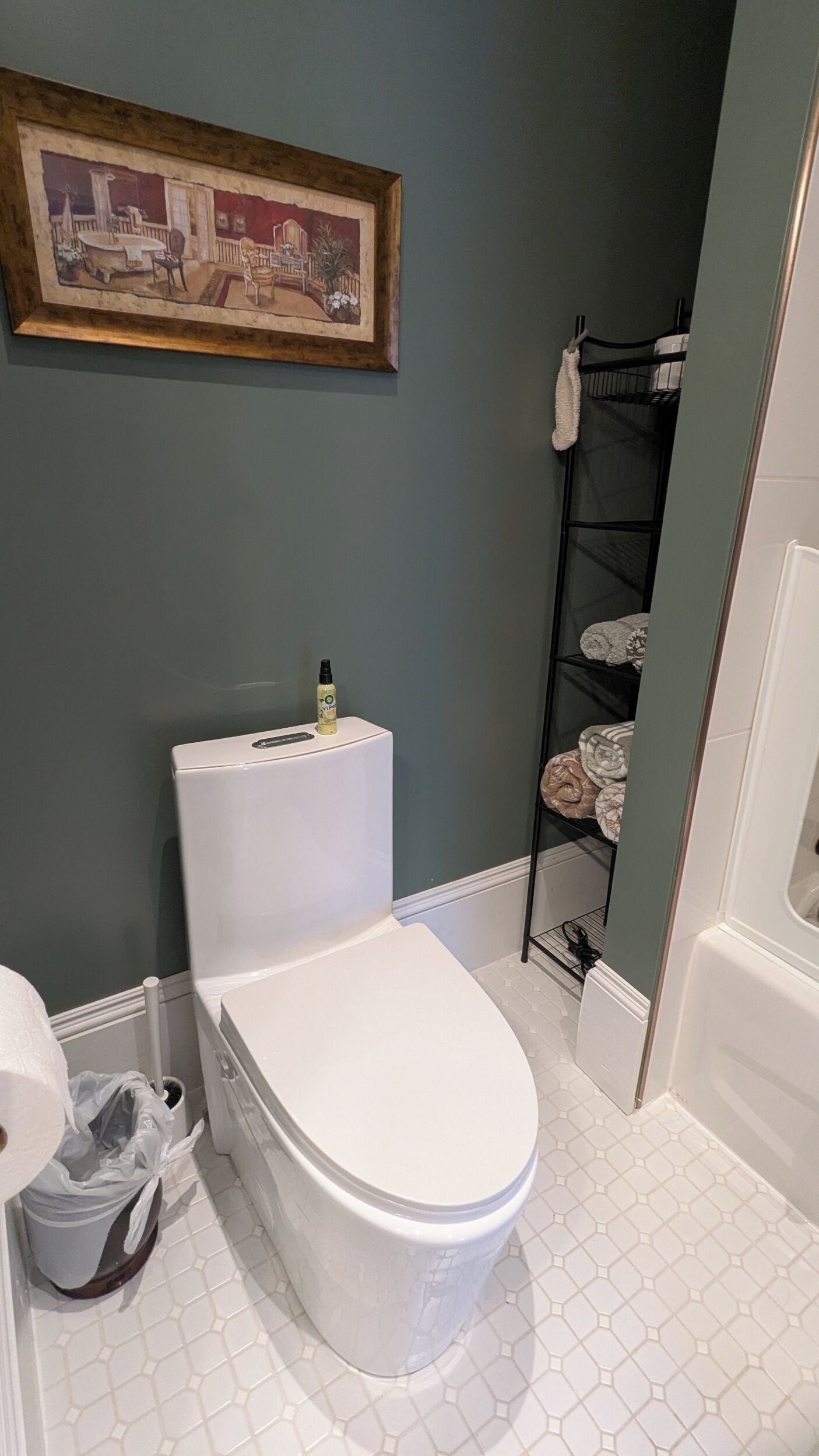 Une salle de bain avec des toilettes, une étagère avec des serviettes et un tableau au mur.