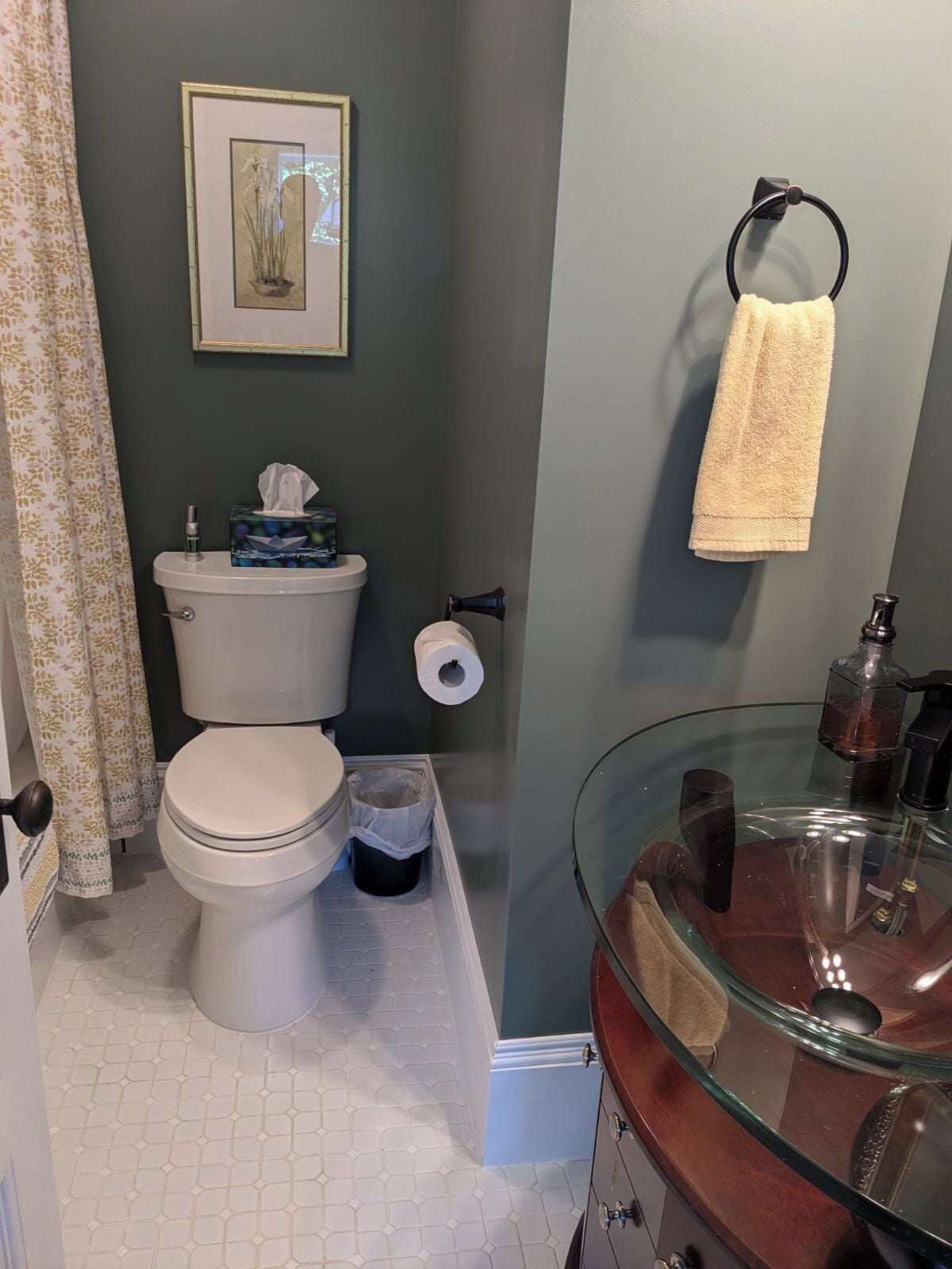 A bathroom with a toilet, a glass sink, a towel rack, and a framed picture on the wall.
