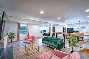 Smart TV, fireplace, foosball