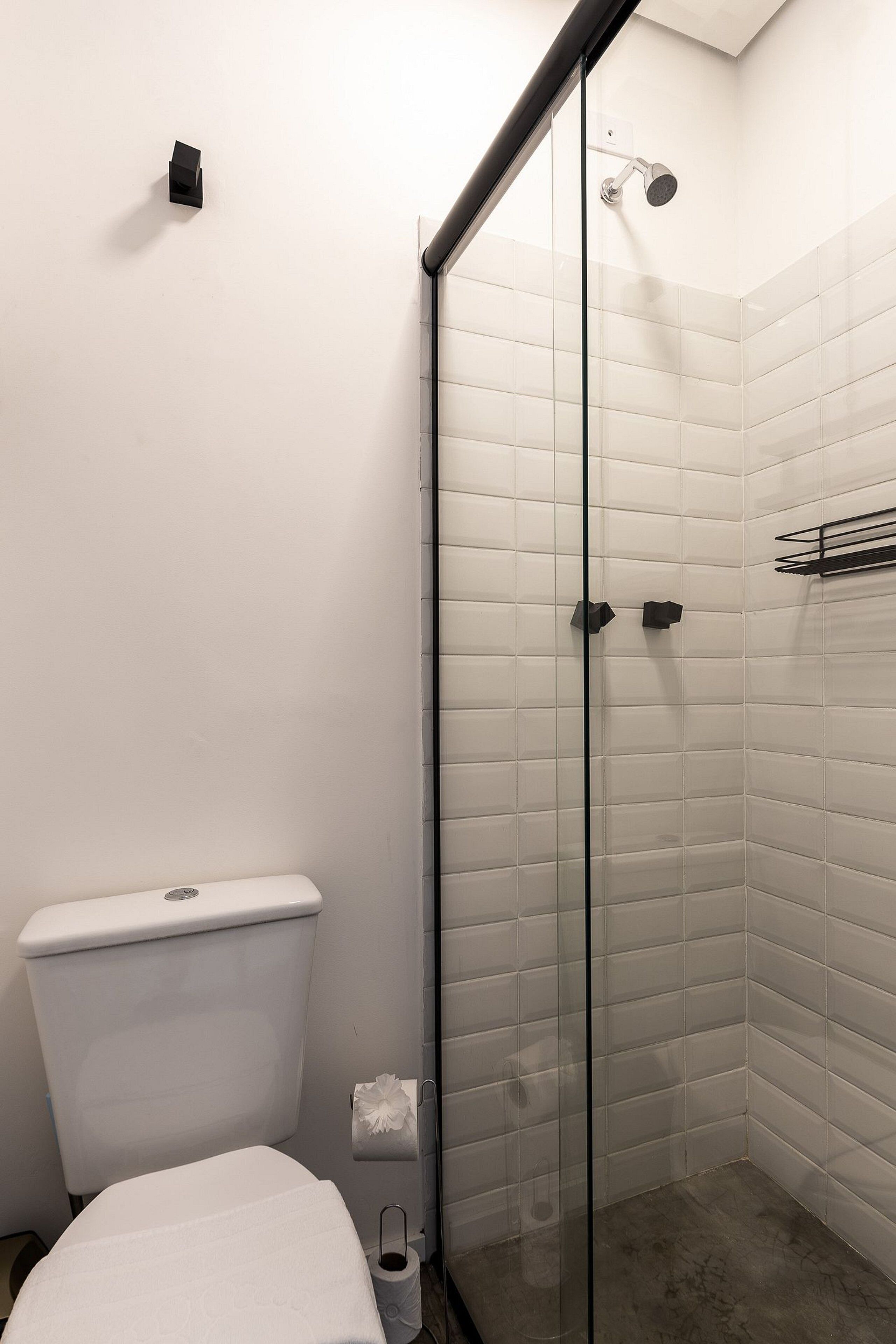 A corner bathroom with a glass shower enclosure, a toilet, and a towel rack.