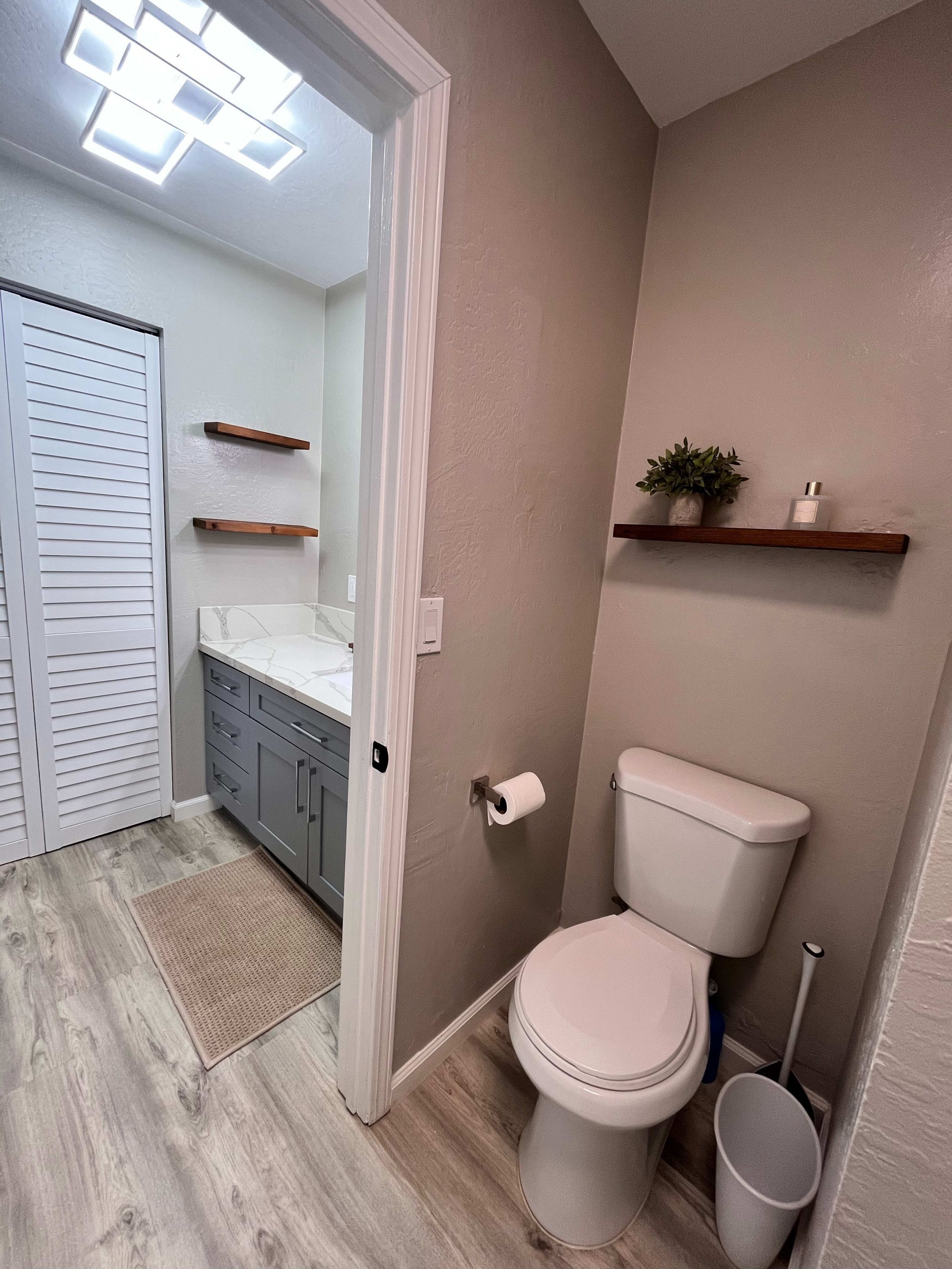Een badkamer met toilet, wastafel en douche. Boven het toilet staan houten planken en op één ervan staat een klein plantje.