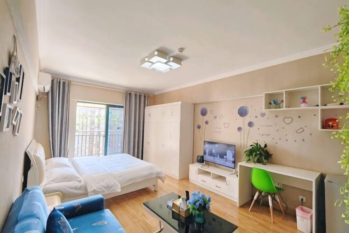 Une chambre moderne équipée d’un lit, d’un canapé, d’un bureau et d’une télévision.