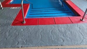 A rectangular indoor pool with a red and blue tiled edge, a metal ladder, and a tiled floor.