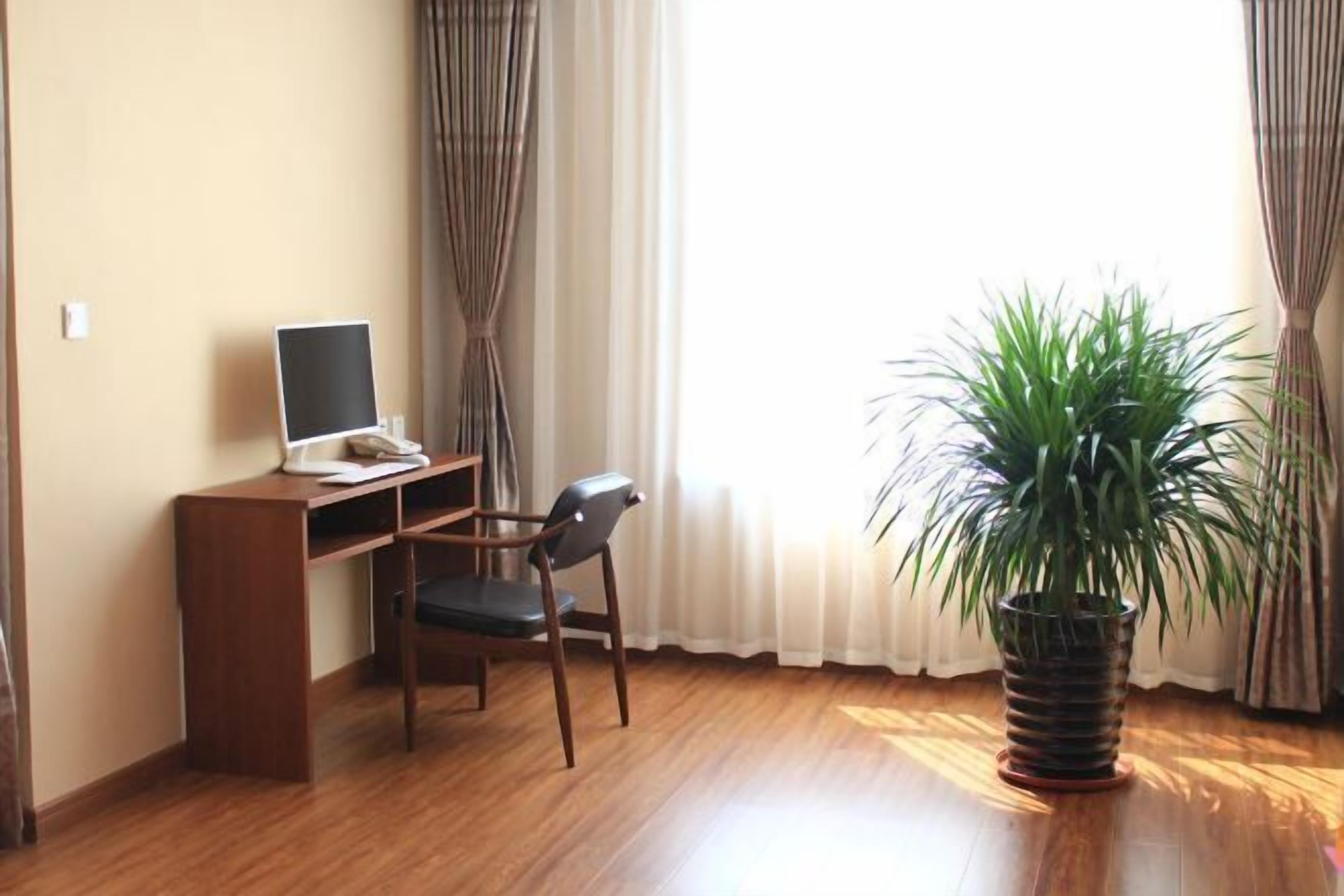 A room with a wooden desk, a chair, a laptop, a potted plant, and a window with curtains.