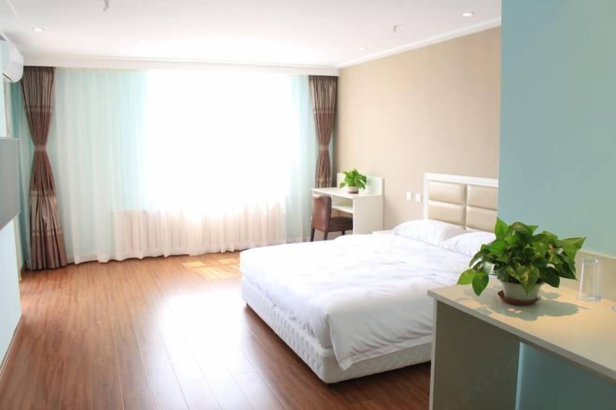 Ein Hotelzimmer mit Bett, Schreibtisch, Stuhl, einem Blumentopf und einem Fenster mit Vorhängen.