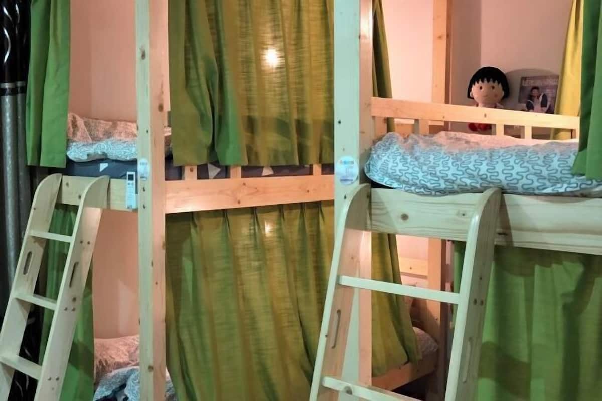 A bunk bed with a ladder, green curtains, and a small stuffed toy on the top bunk.