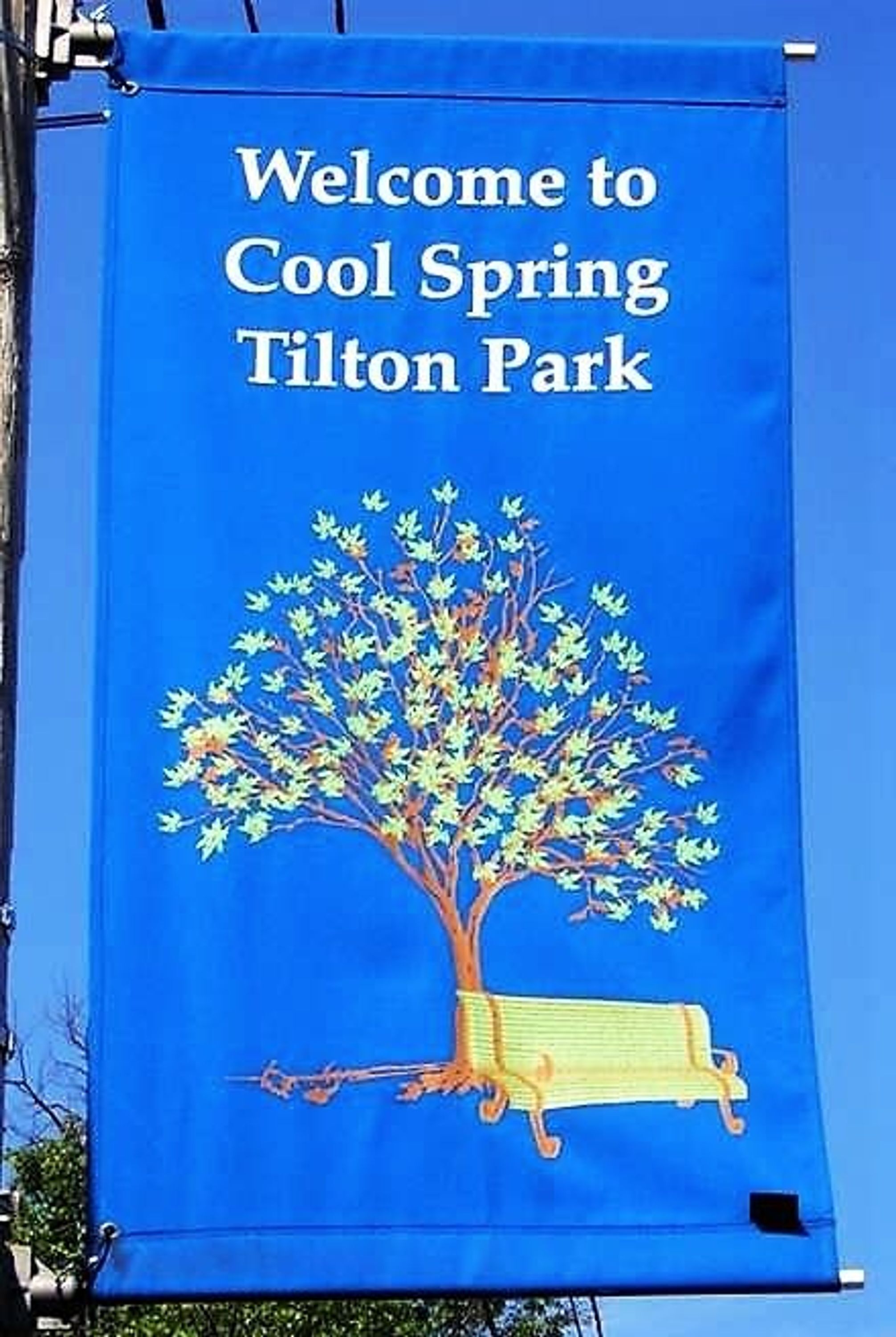 Ein blauer Banner mit dem Schriftzug 'Welcome to Cool Spring Tilton Park' und einer Baumillustration.