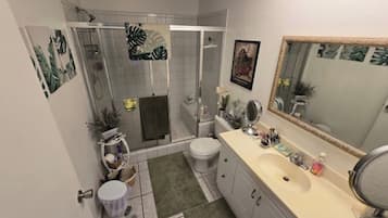 Shower, hair dryer, towels, toilet paper