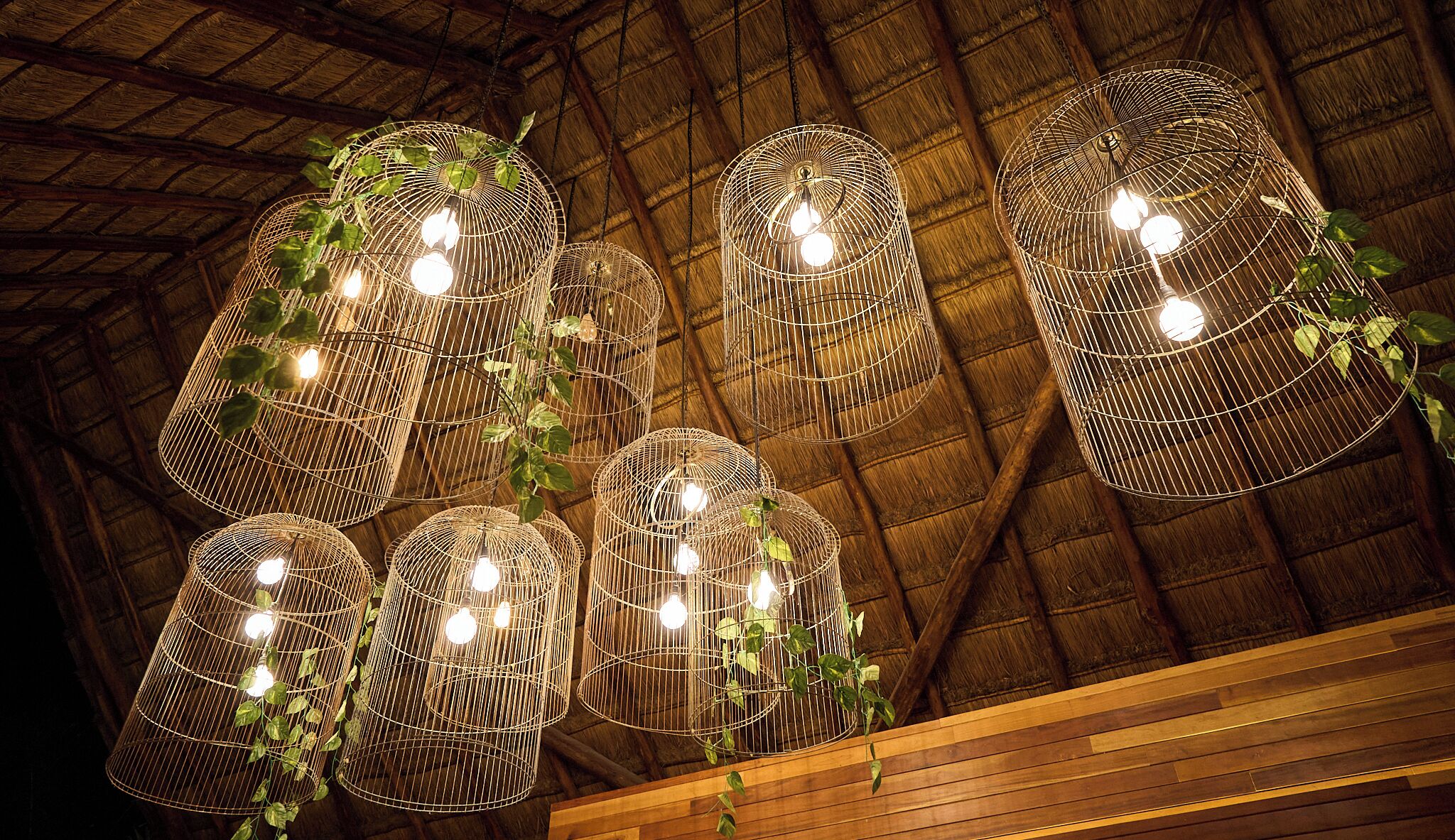 A ceiling with multiple hanging light fixtures made of woven wire, each containing a bulb.