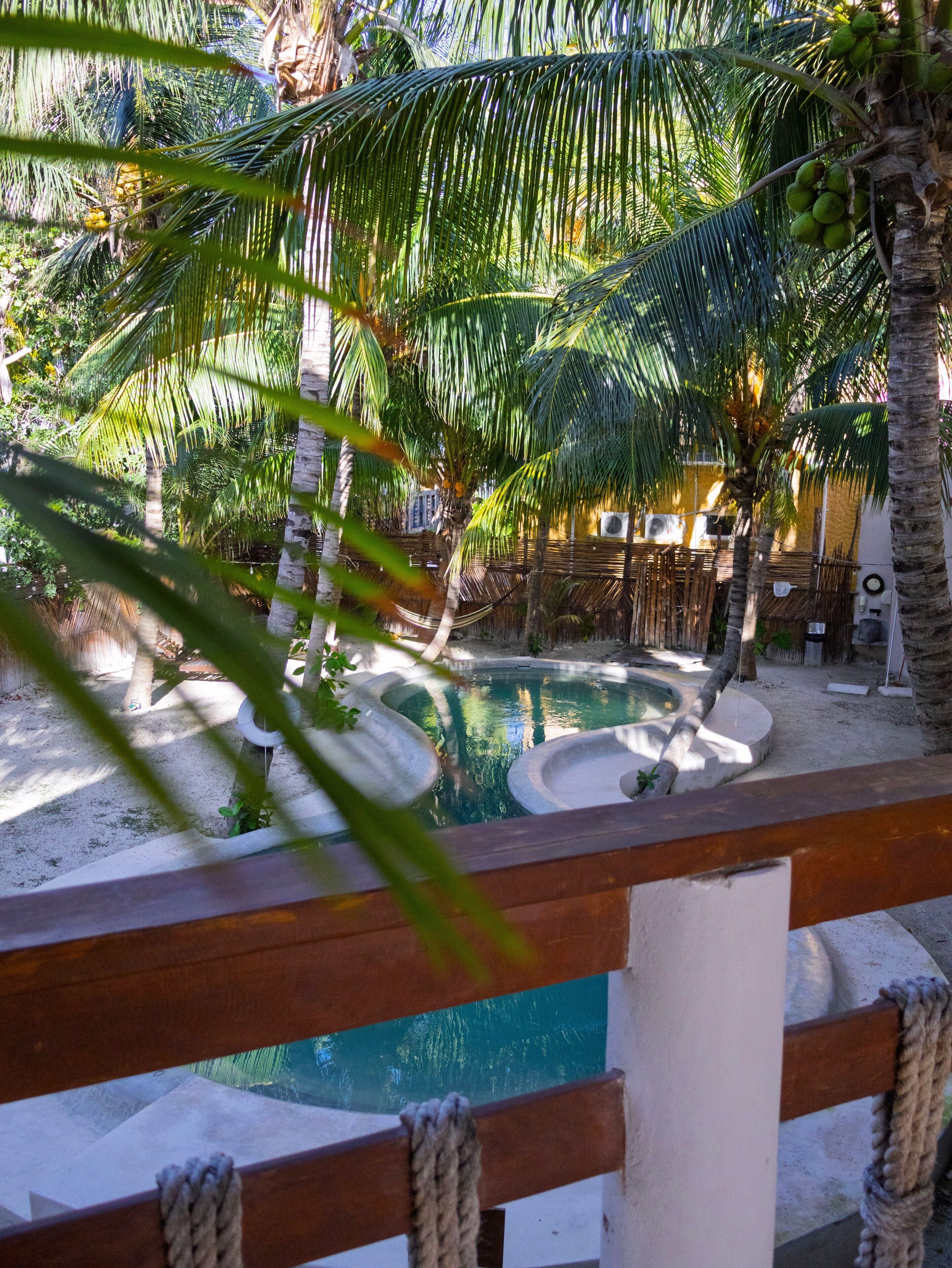 Un espace piscine agrémenté de palmiers, d’une terrasse en bois et d’une structure à toit de chaume en arrière-plan.
